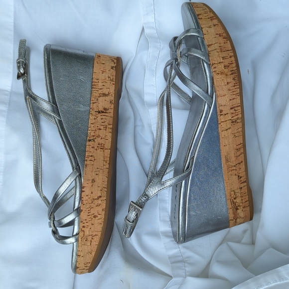 PRADA Platform Wedge Sandals Silver Cork Heel 36 1/2 - Picture 8 of 8